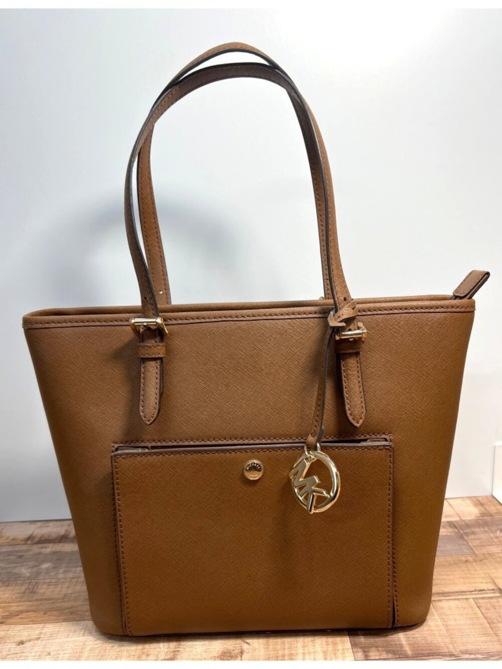 Michael Kors Jet Set Saffiano Leather Tote Bag Brown With Gold Hardware